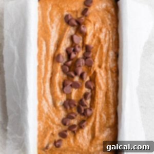 Wholesome Pumpkin Loaf 5 Healthy pumpkin bread batter with chocolate chips in a loaf pan, ready for baking.