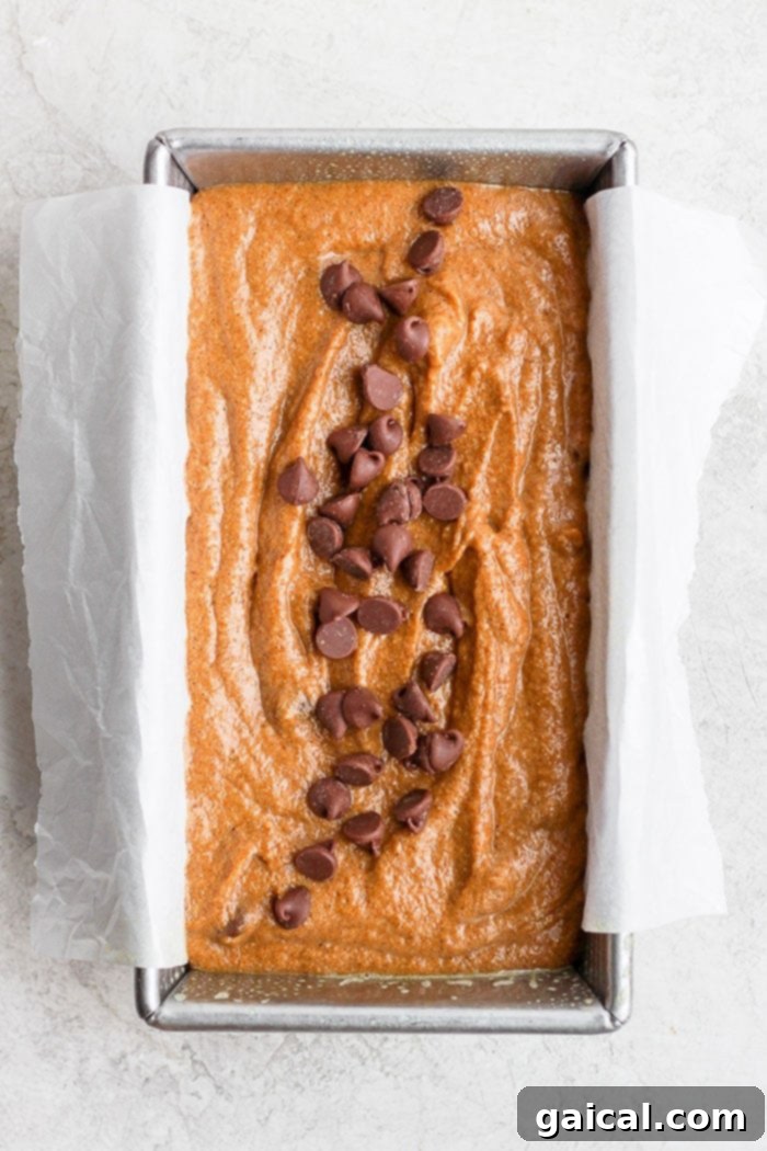 Perfectly prepared pumpkin bread batter awaiting the oven. Healthy pumpkin bread batter with chocolate chips, ready to be baked in a loaf pan.