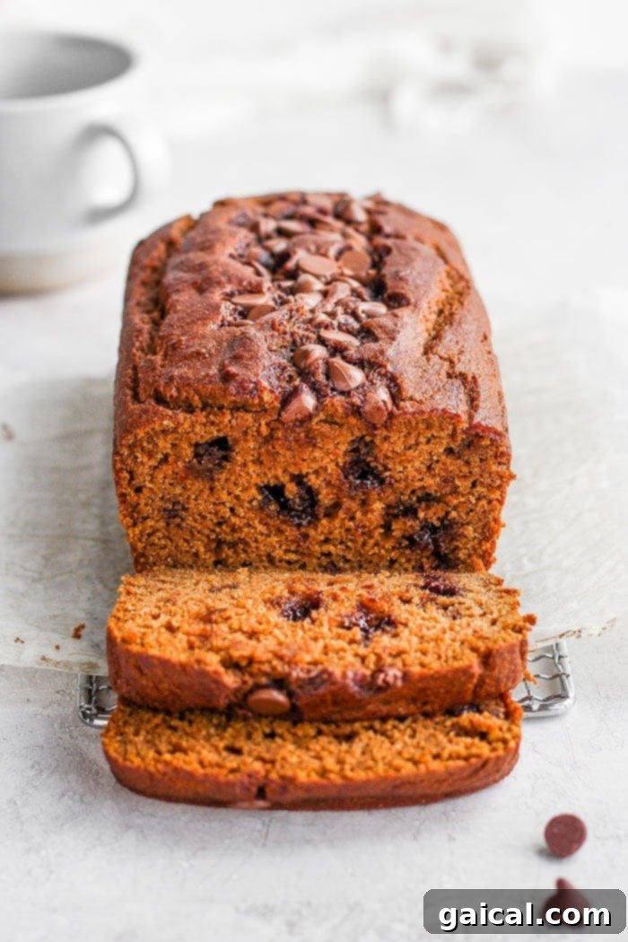 Enjoying a slice of our homemade healthy pumpkin bread. A close-up of perfectly sliced healthy pumpkin bread, ready to be served.