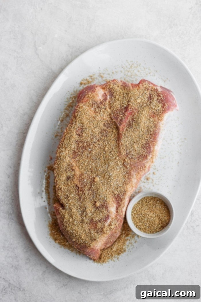 The Best Dry Rub for Pork A generous pile of homemade sweet and savory pork dry rub on a small white plate, ready to be applied to meat.