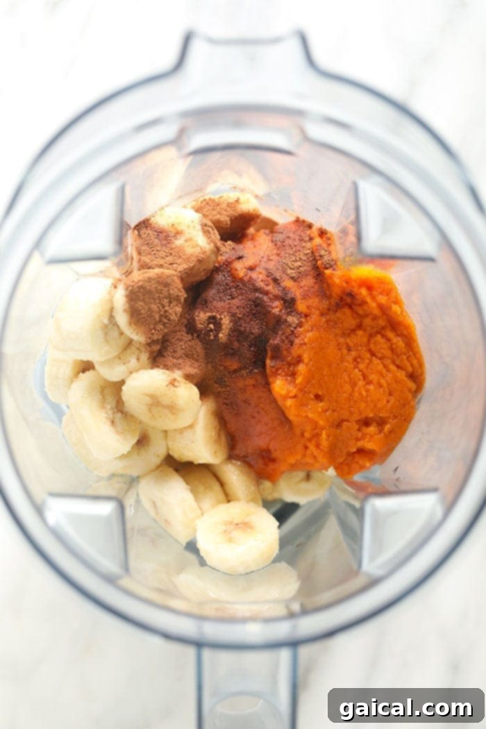 Spiced Pumpkin Nice Cream 3 Various ingredients for pumpkin pie nice cream, including frozen bananas and pumpkin puree, being added to a high-speed blender.