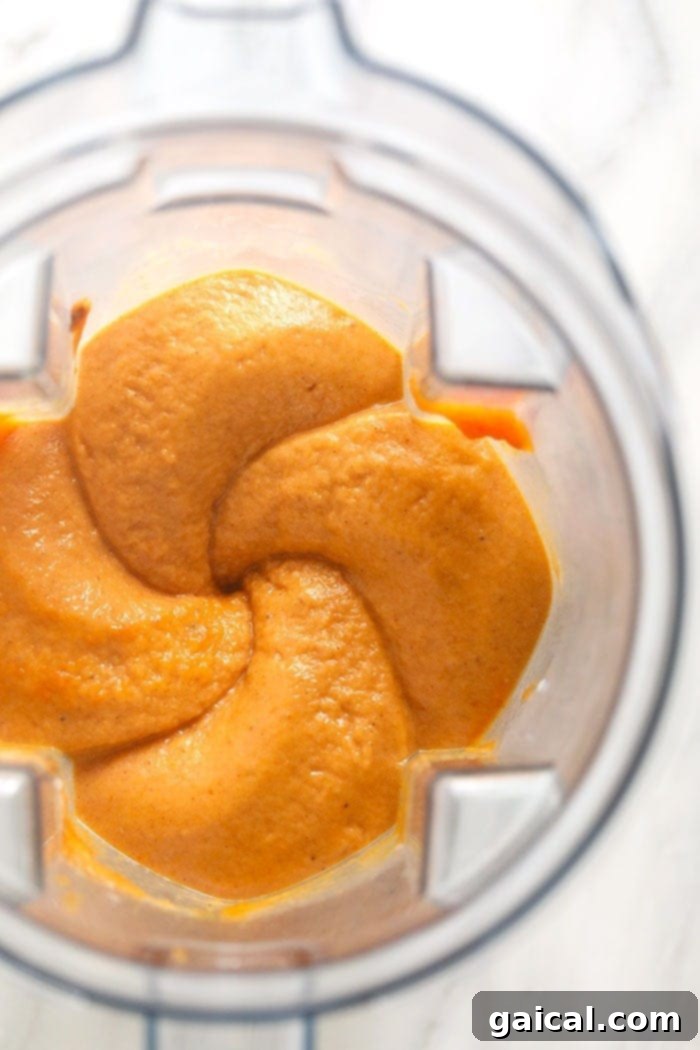 Spiced Pumpkin Nice Cream 4 Freshly blended pumpkin pie nice cream in a blender, showing its smooth, thick texture and vibrant orange color.