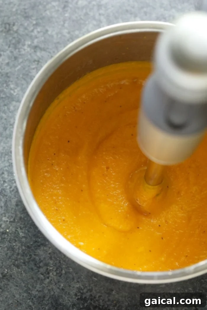 Smooth & Creamy: Blending Your Butternut Squash Soup to Perfection The smooth transformation: An immersion blender actively pureeing the cooked butternut squash soup directly in the Instant Pot, creating a perfectly creamy consistency.