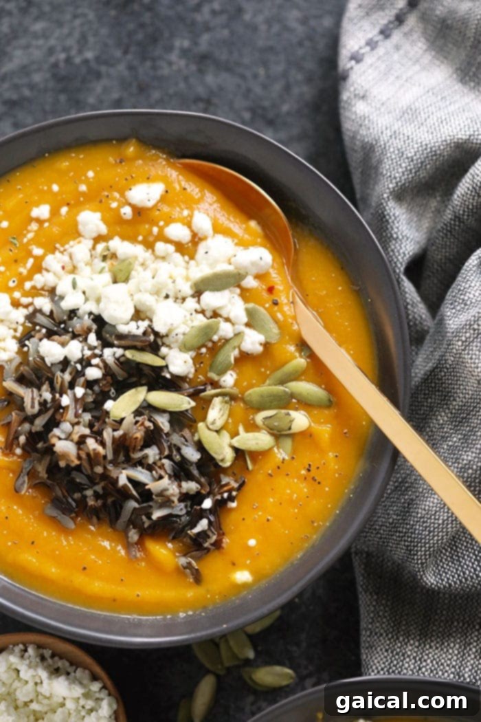 Perfectly Topped: A Bowl of Butternut Squash Soup Ready to Enjoy A vibrant bowl of Instant Pot Butternut Squash Soup, generously garnished with crumbled goat cheese, perfectly toasted pepitas (pumpkin seeds), and hearty wild rice, artfully arranged and ready to be served.
