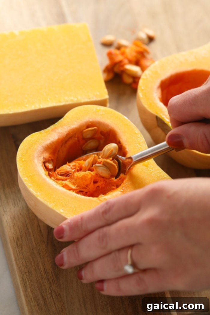 Preparing Butternut Squash for Puree Scooping seeds from a halved butternut squash to prepare it for roasting