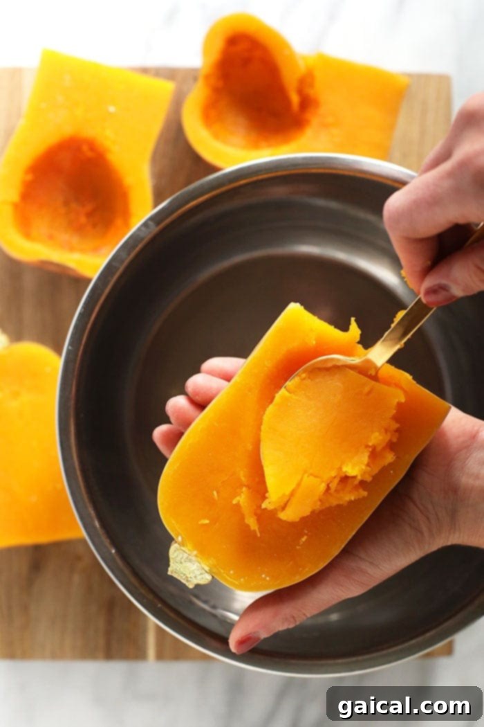 Cooked Butternut Squash Flesh Scooping the soft, roasted butternut squash flesh from the skin