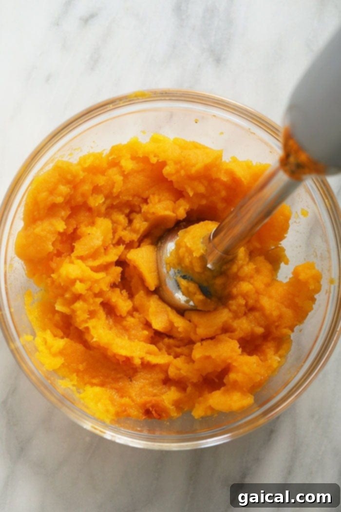 Immersion Blending Butternut Squash Butternut squash being pureed with an immersion blender in a large bowl