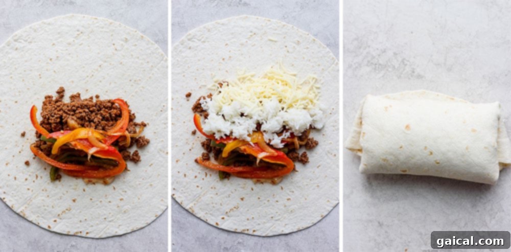 Batch Freezer Burritos 5 Step-by-step image showing how to fold a burrito: first folding the bottom edge, then the side edges, and finally rolling it up tightly.