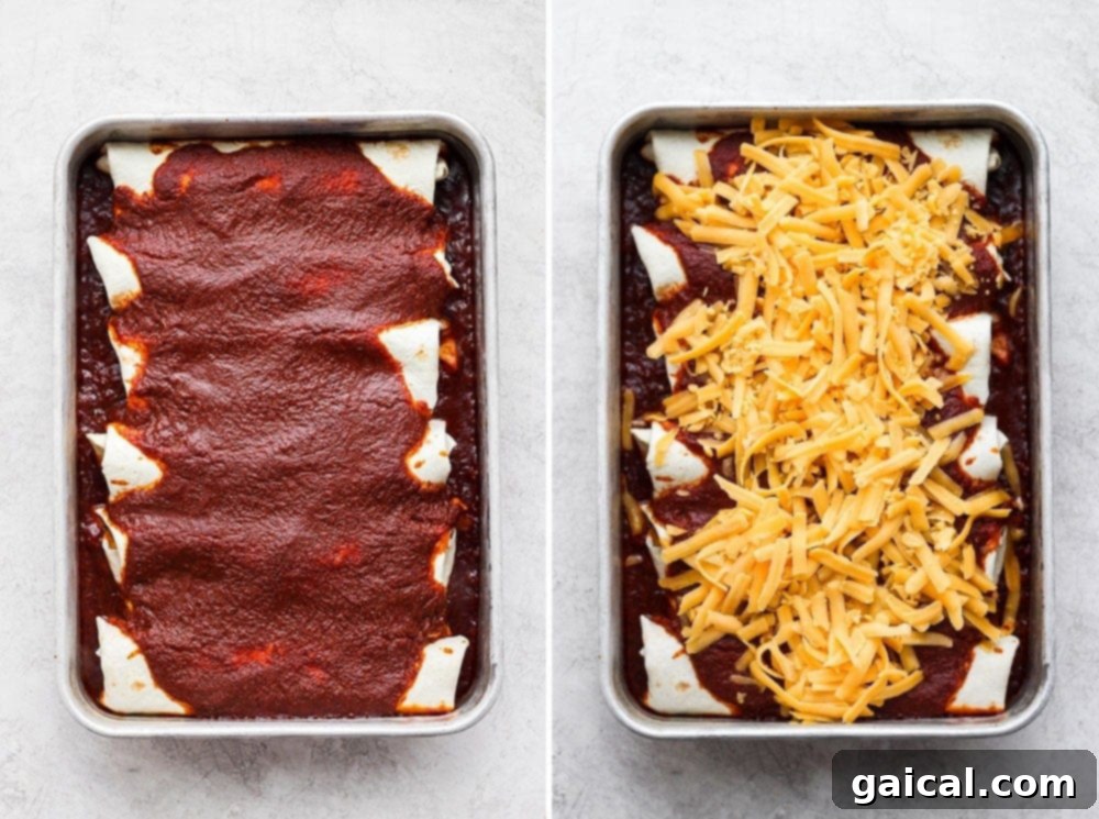 Rotisserie Chicken Enchilada Bake 6 A wide shot of enchiladas arranged in a baking pan, covered in red sauce and ready for the oven.