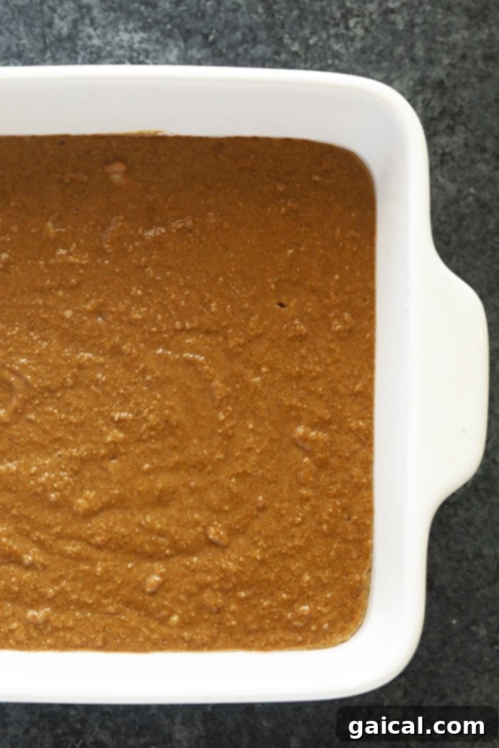 Gingerbread Batter Ready for Baking gingerbread batter in a square baking pan, ready to be placed in the oven