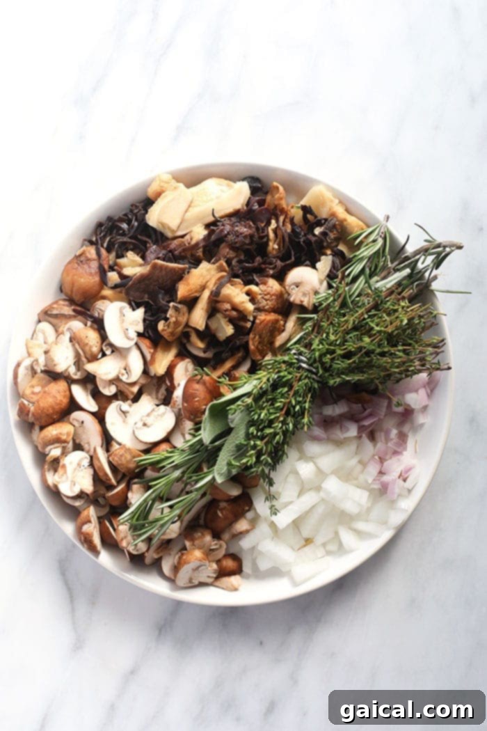 Ingredients for the mushroom gravy on a plate.