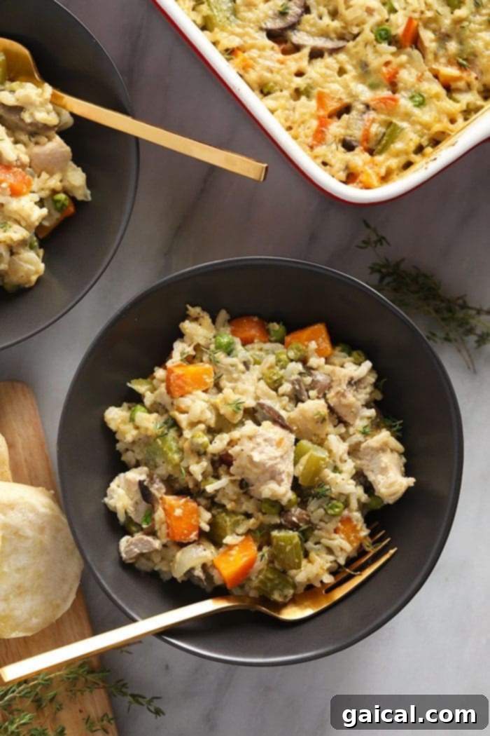 Chicken pot pie casserole is a fan favorite that even kids will gobble up! Make our healthier variation which uses rice instead of biscuits, double the amount of veggies, and a homemade roux with whole wheat flour! pot pie casserole in bowl