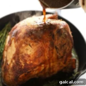 Flawless Festive Turkey 9 A person skillfully pours a flavorful sauce over a perfectly cooked sous vide turkey breast, achieving a beautiful glaze and enhancing its rich aroma, just before serving.