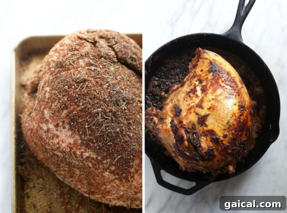Flawless Festive Turkey 3 Two side-by-side images illustrate the initial steps of preparing the sous vide turkey: one shows a raw turkey breast generously seasoned with a homemade dry rub, and the other captures the seasoned turkey breast being expertly seared in a hot cast iron skillet to achieve a golden crust.