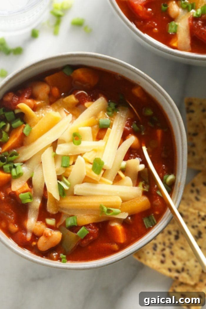 A vibrant serving of vegetarian chili garnished with fresh herbs and a generous sprinkle of cheese, inviting you to dig in.