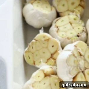 Raw garlic bulbs arranged cut-side up in a baking dish, drizzled with olive oil.