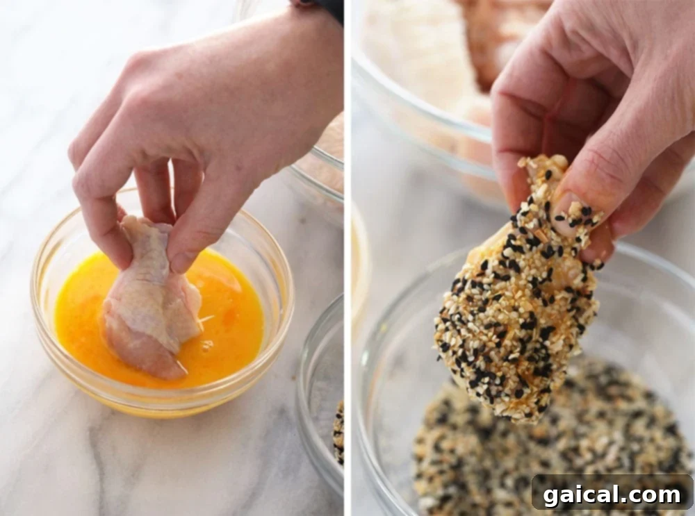 Egg wash and seasoning for crispy wings Process of applying egg wash and everything bagel seasoning to chicken wings