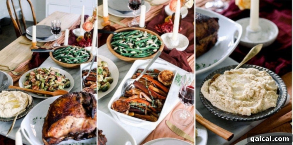 Thanksgiving recipes on table with turkey, mashed potatoes, and roasted vegetables.