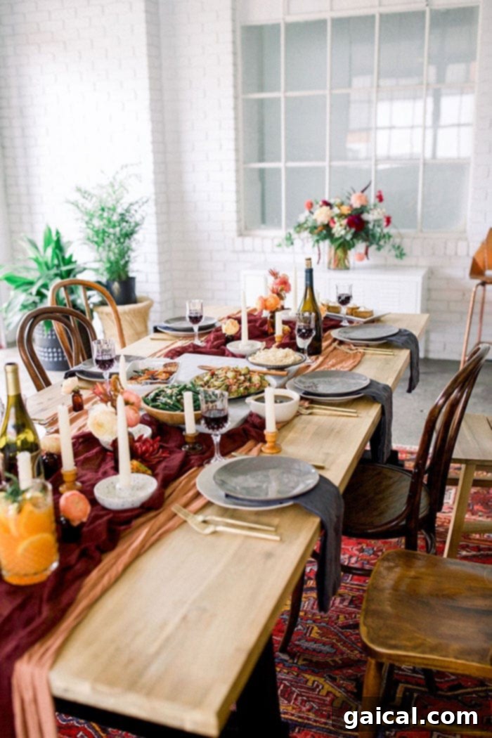 Friendsgiving table idea with flowers, napkins, and place settings