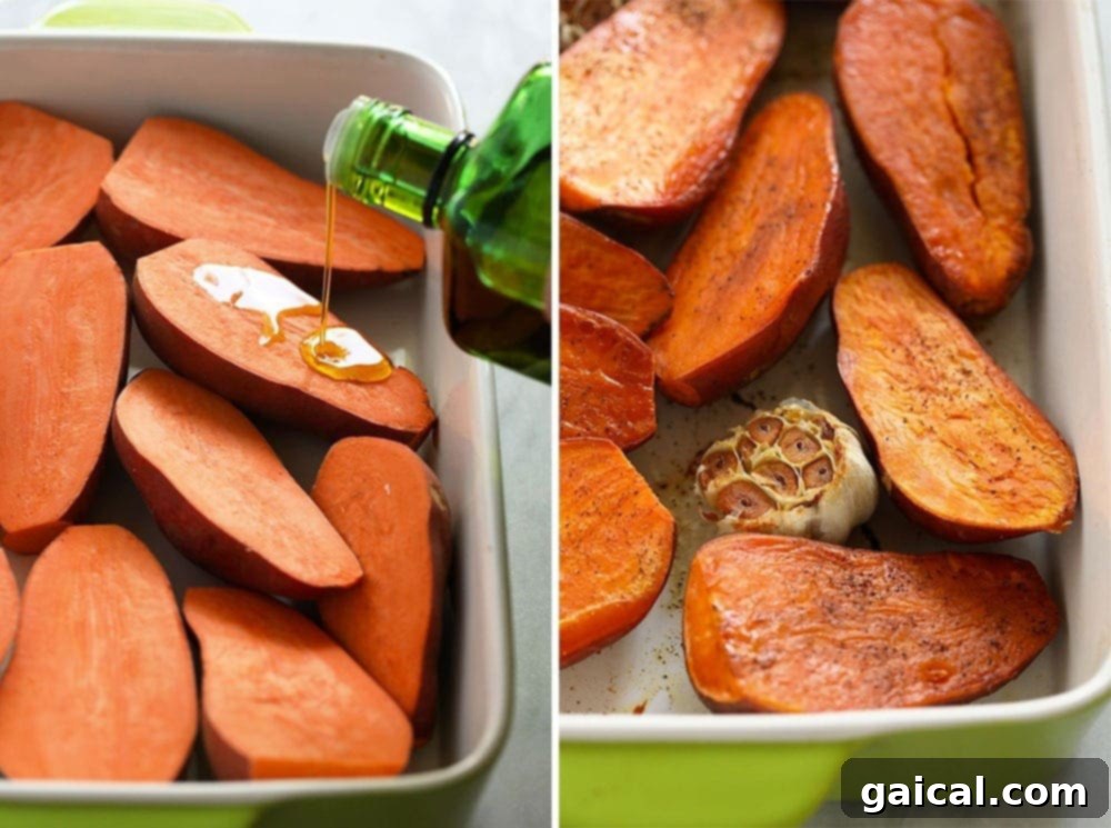 Mashed sweet potatoes are a silky smooth, buttery side made with roasted sweet potatoes, a whole head of garlic, and a little Greek yogurt. Roasted sweet potatoes and a head of garlic in a casserole dish, fresh out of the oven.