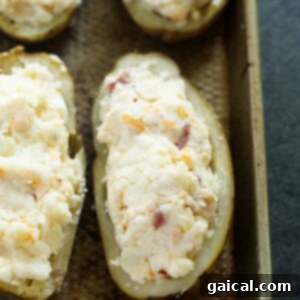 The Double Baked Dream 5 Four beautifully filled twice baked potato halves arranged on a baking sheet, showcasing their generous, creamy topping.
