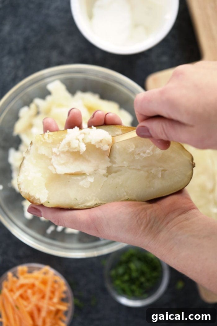 The crucial step: scooping out the fluffy potato interior to create the perfect creamy filling. A cook carefully removing the tender potato flesh from a baked russet potato, preparing for the twice-baked filling.