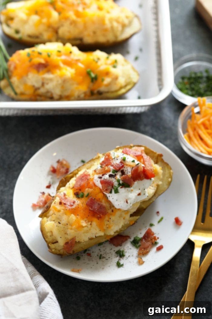 The final masterpiece: a beautifully garnished twice baked potato, ready to delight. A perfectly plated twice baked potato, generously topped with crispy bacon, fresh chives, and a dollop of Greek yogurt, ready to be enjoyed.