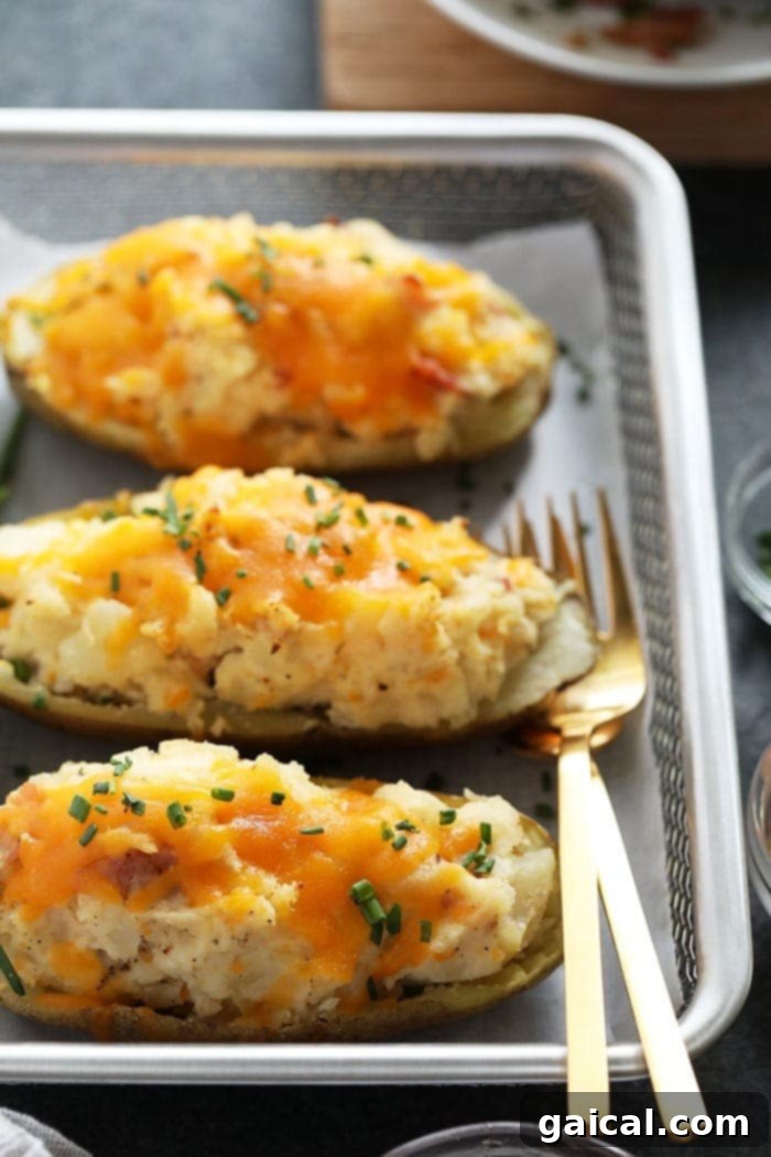 A spread of perfectly baked and garnished twice baked potatoes, ready to impress. A stunning plate of multiple golden-brown twice baked potatoes, garnished beautifully, ready to be served.
