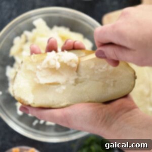 The Double Baked Dream 3 A person carefully slices a tender baked potato in half and begins to scoop out the fluffy interior with a spoon.