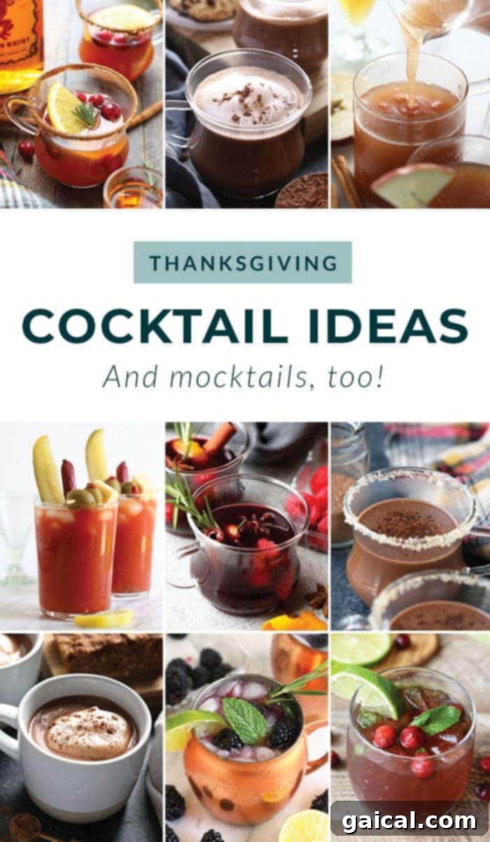 Festive Thanksgiving Cocktails A selection of festive Thanksgiving cocktails, beautifully garnished and ready to serve at a holiday gathering.
