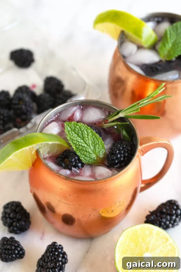 Blackberry Moscow Mules A refreshing Blackberry Moscow Mule in a copper mug, garnished with fresh blackberries and mint.