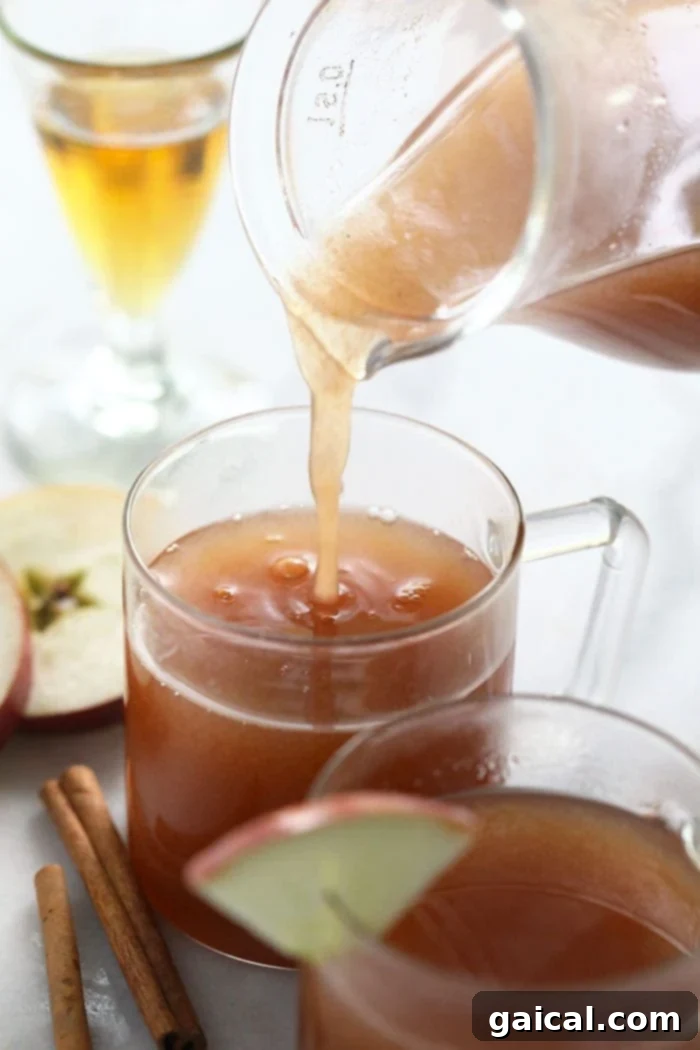 Spiked Apple Cider Rich spiked apple cider being poured from a pitcher into a glass mug, garnished with cinnamon sticks and apple slices.