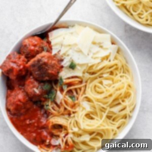 Spaghetti and meatballs in a bowl.