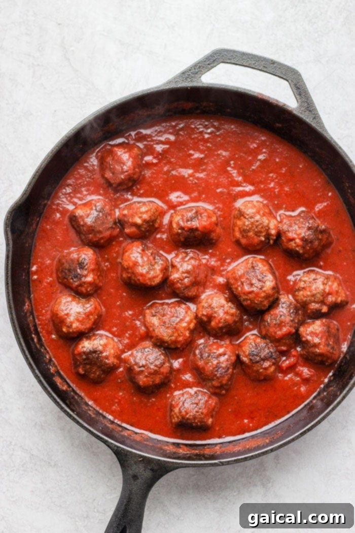 Beef meatballs in marinara sauce. 