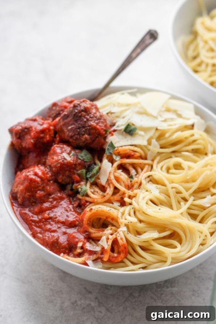 Bowl of spaghetti and meatballs.