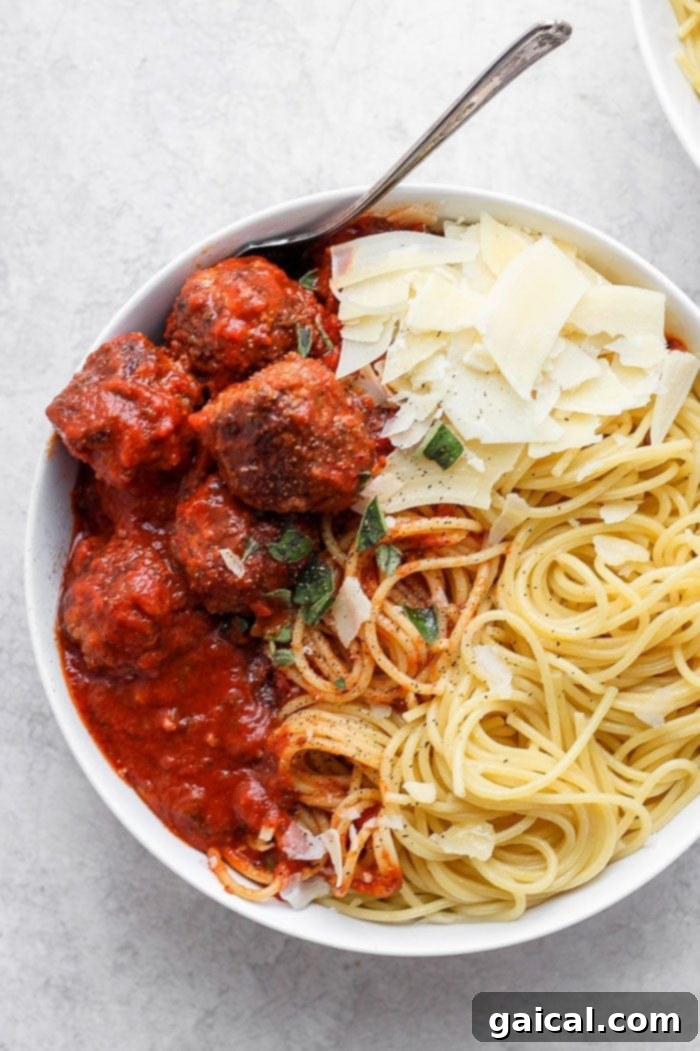Bowl of meatballs with spaghetti.