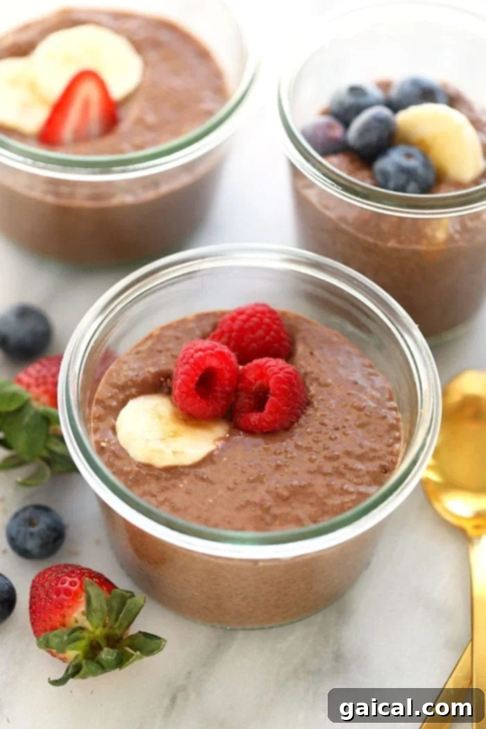 Close-up of thick protein chia seed pudding in a glass jar