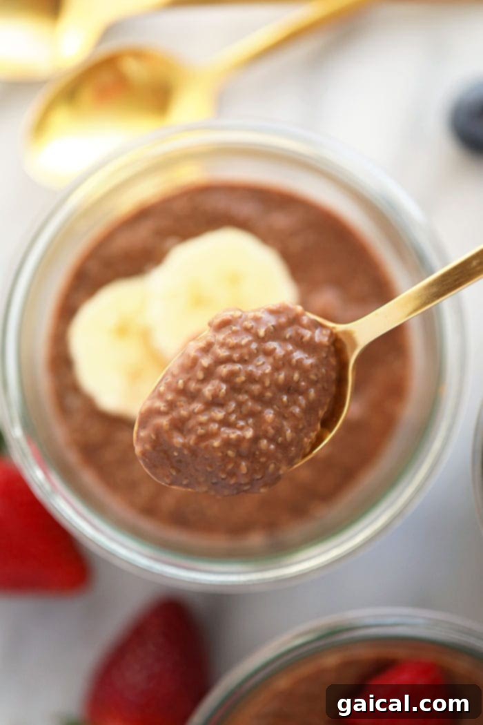 A spoon scooping thick chia seed pudding with a smooth texture