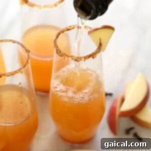 Spiced Apple Mimosa 9 Apple cider mimosa in a champagne flute, garnished with a cinnamon stick and apple slices.