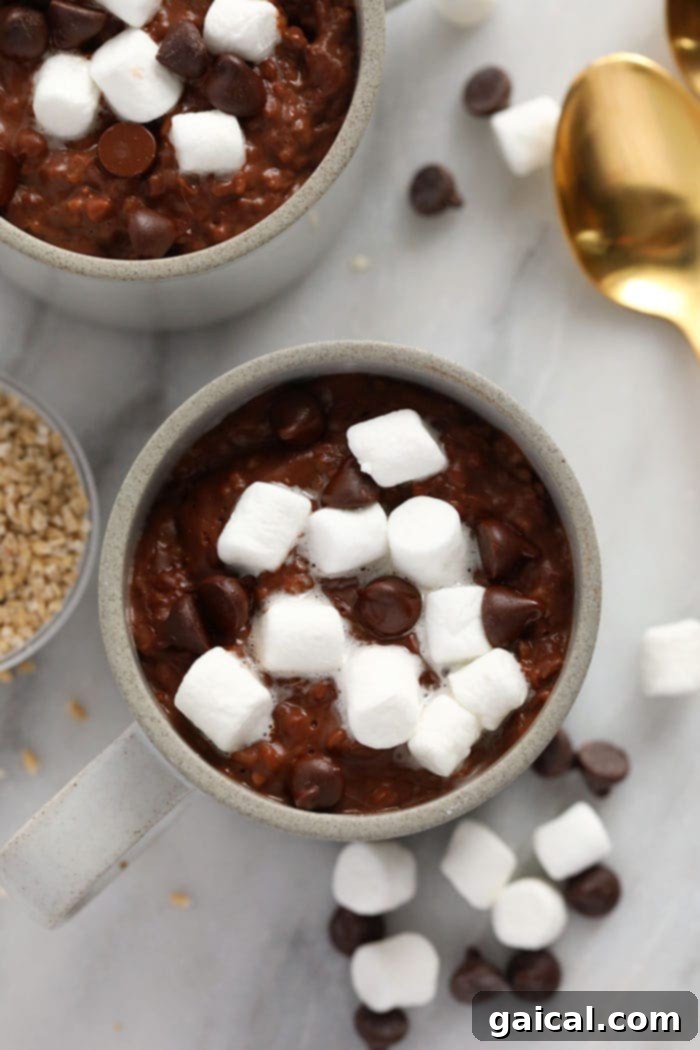 A close-up of hot cocoa steel cut oats in a mug, generously topped with mini marshmallows, exuding warmth and comfort.