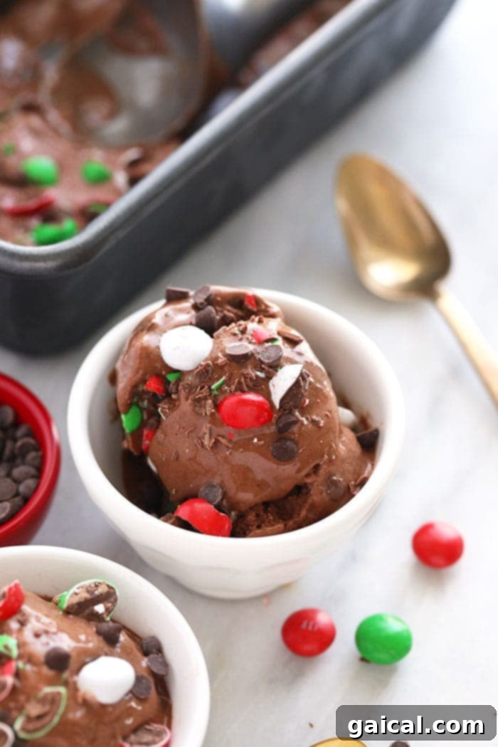 Festive Chocolate Peppermint Banana Nice Cream in a glass cup, garnished with mini chocolate chips