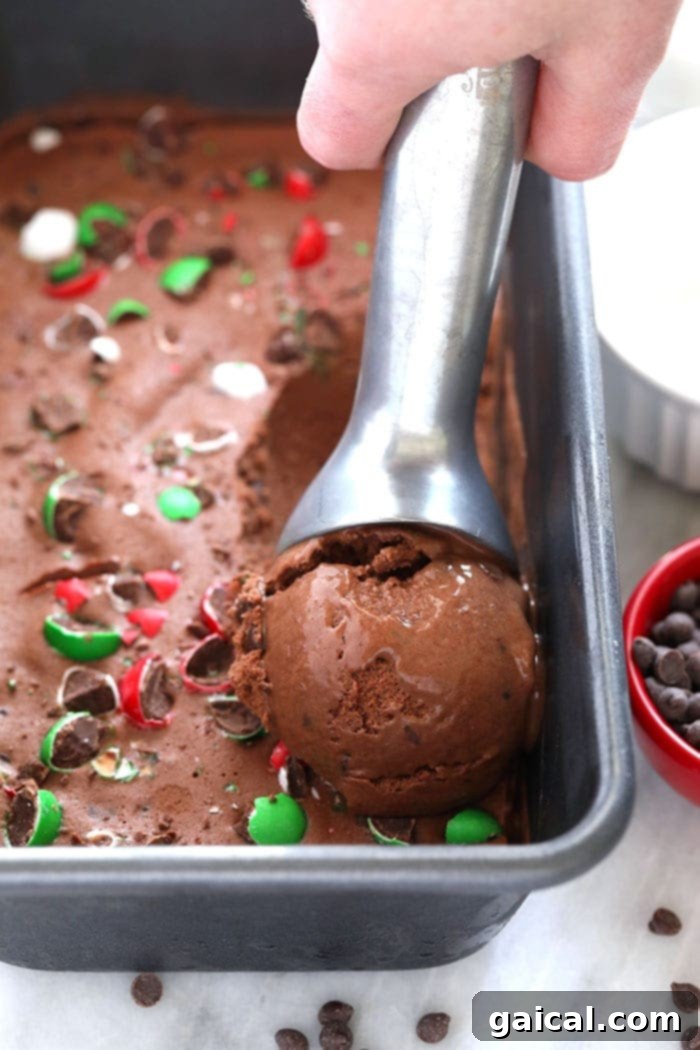 Scoop of firm Chocolate Peppermint Banana Nice Cream in a bread tin, garnished with mini chocolate chips