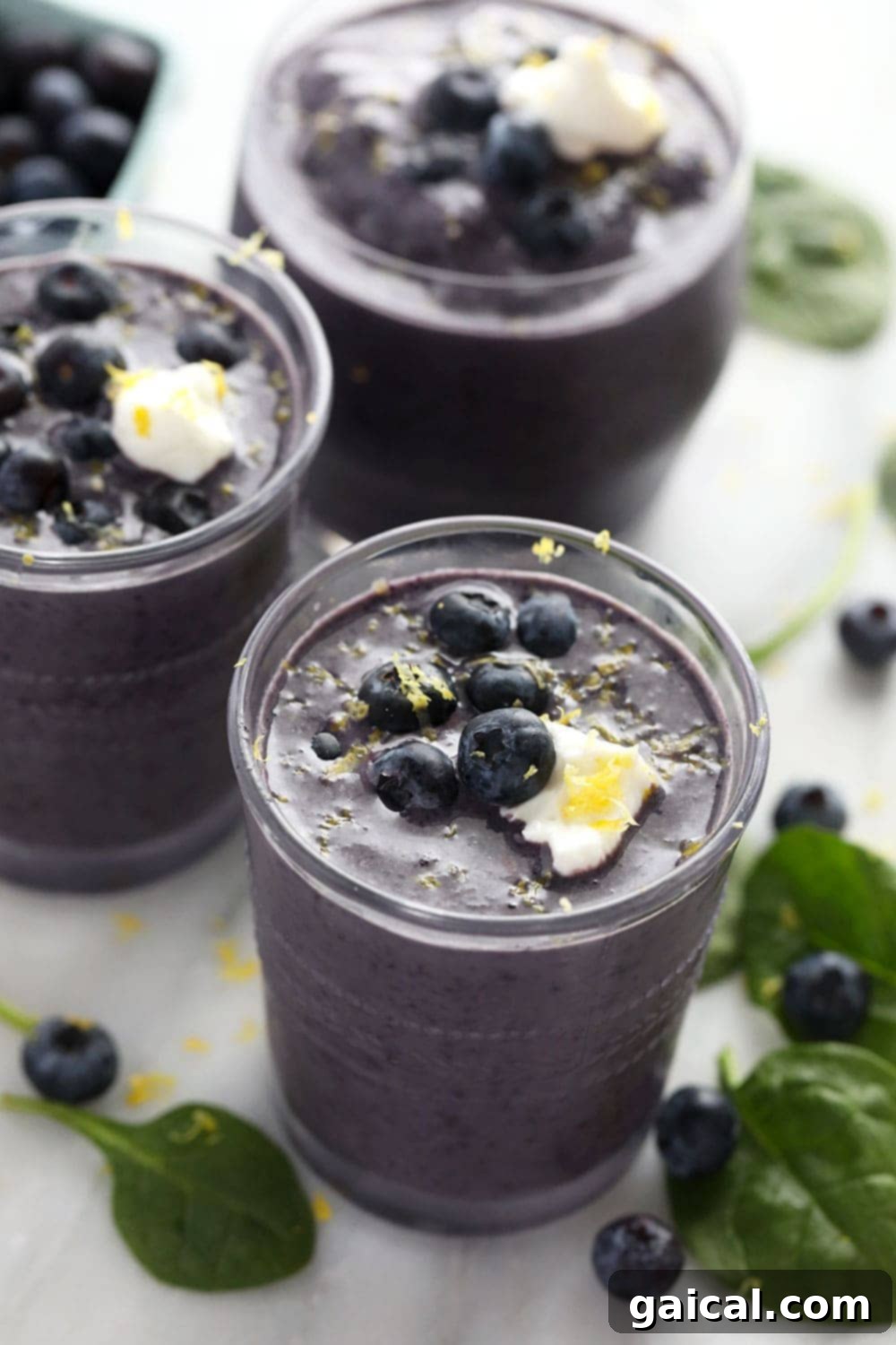 A vibrant blueberry smoothie in a tall glass, garnished with fresh blueberries.