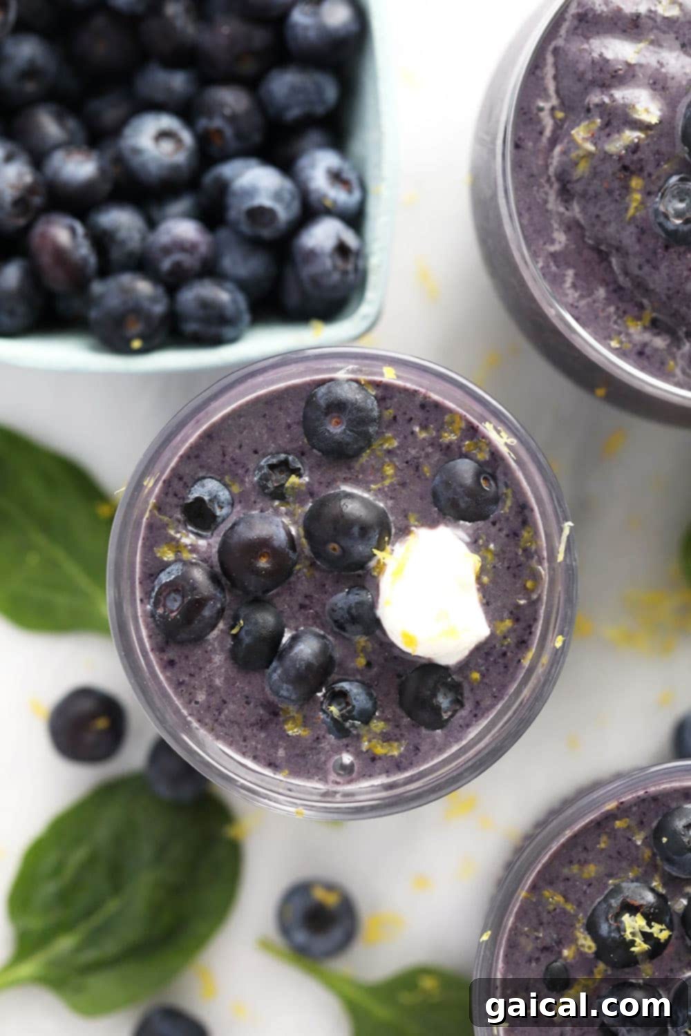 A vibrant Blueberry Flax Superfood Smoothie, with fresh blueberries scattered around the base.