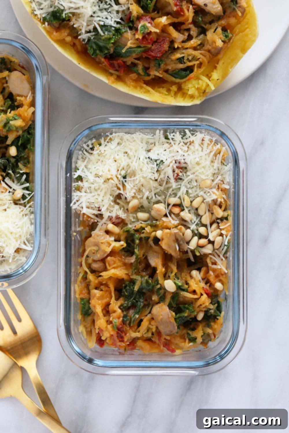 Stuffed spaghetti squash in a meal prep container, ready to eat.