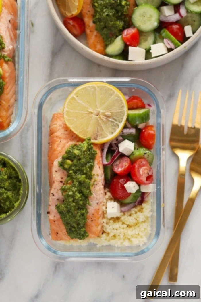 Effortless Mediterranean Salmon Meals 6 A perfectly prepared and portioned Mediterranean Salmon Meal Prep in a single-serving glass container, ready for a healthy lunch or dinner