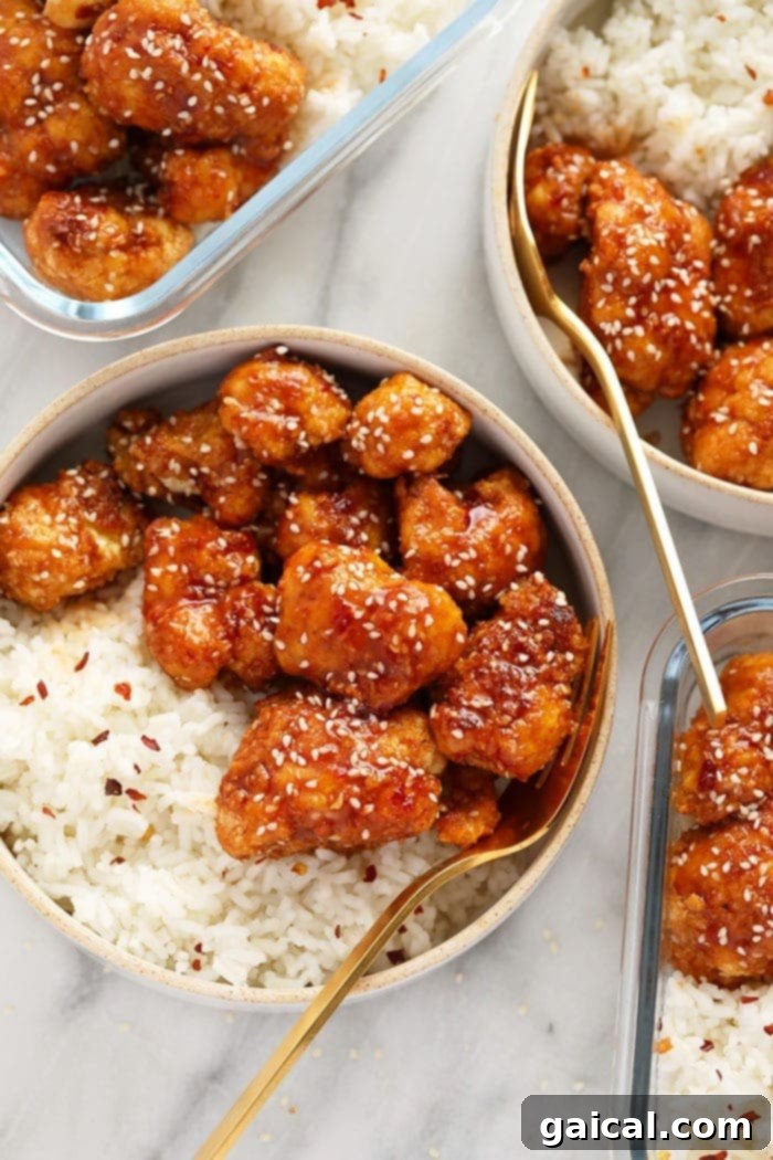 Crispy General Tso's Cauliflower 2 General Tso's Cauliflower served with rice and green onions