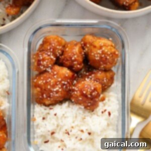 General Tso's Cauliflower with rice in a meal prep container