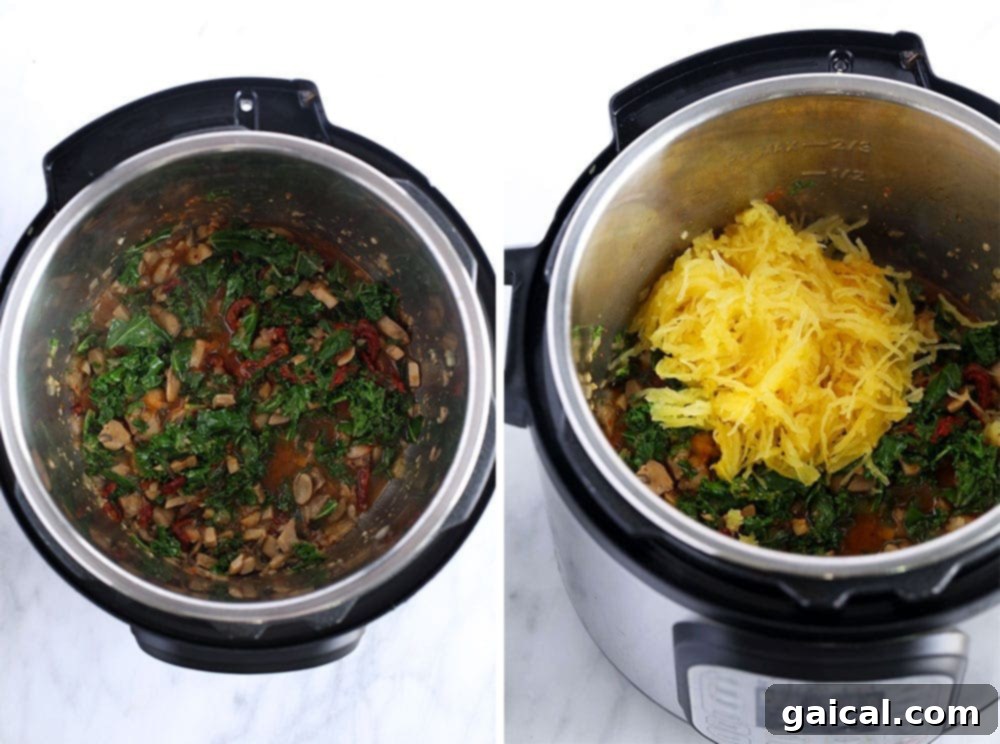 Sautéing fresh kale and sun-dried tomatoes with other vegetables in the Instant Pot