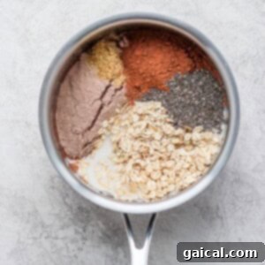 Decadent Chocolate Protein Oatmeal 3 Protein-packed oatmeal with chia seeds and other ingredients in a pot.